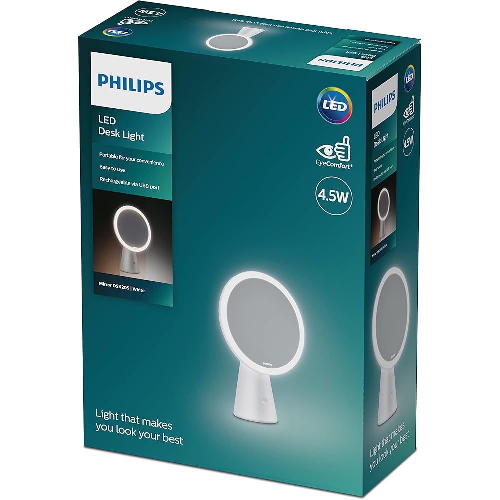Philips Actress Mirror with LED Light, 3 Color Lighting Modes, Adjustable Angle, 95% Natural Light Reproduction, Makeup Mirror, Makeup Mirror, USB Charging, Actress Mirror, Actress Light, Blue Light Cut [Japanese Genuine Product] DSK205 White