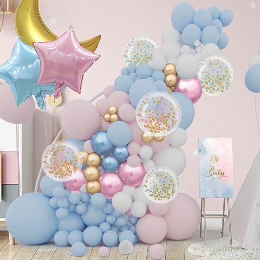175pcs Pink and Blue Balloon Garland Arch Kit - Different Size 5/10/12/18inch Pink White Blue Confetti Balloons for Gender Reveal Baby Shower Decorations with Moon and Star Foil Balloons for Boys and Girls