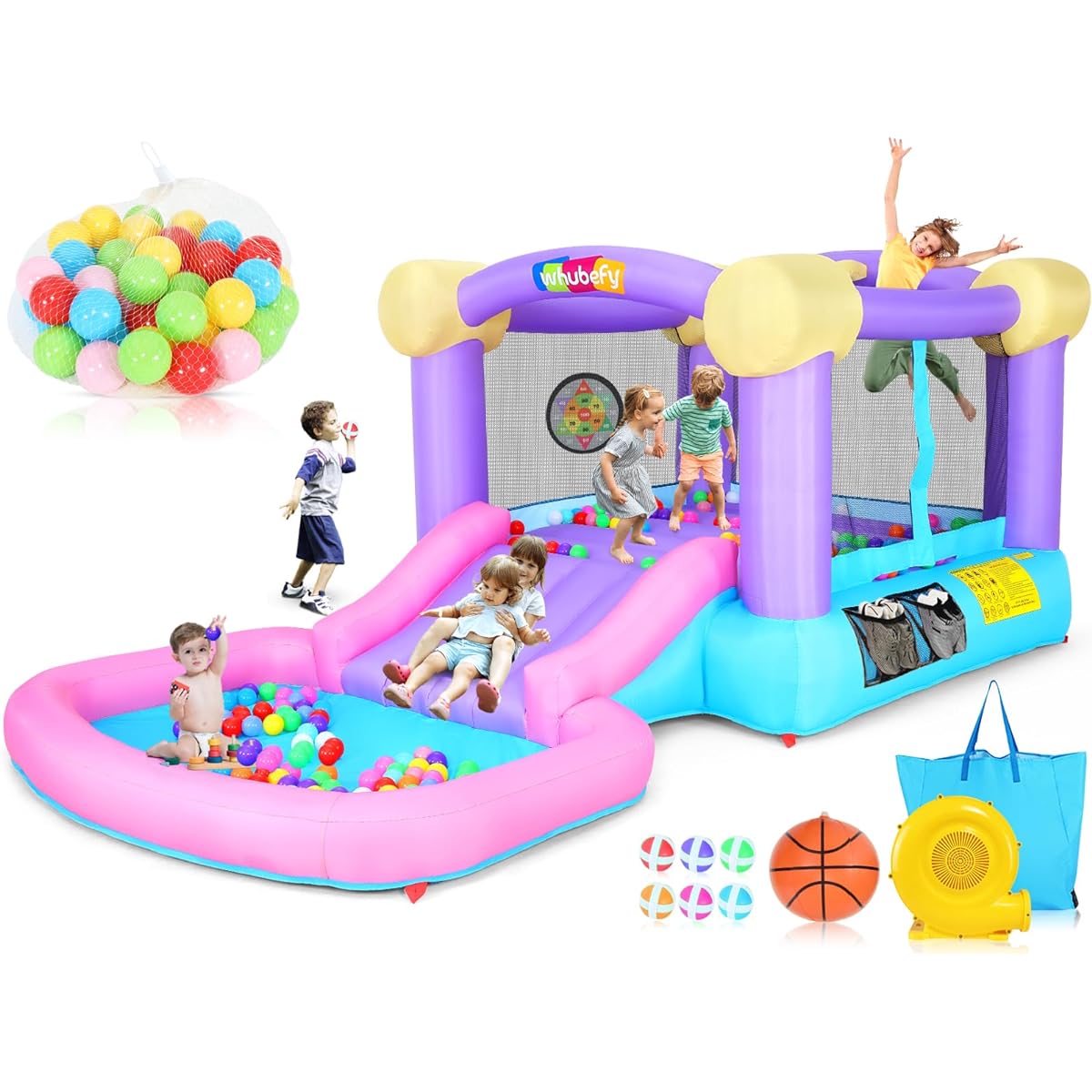 Whubefy Inflatable Bounce House for Kids Age 2-6 with 470W Blower, 5-in-1 Jumping Castle, Wide Slide, Ball Pit Pool, Dart Target Game, 6 Sticky Balls, Basketball Hoop for Indoor Outdoor Backyard Party