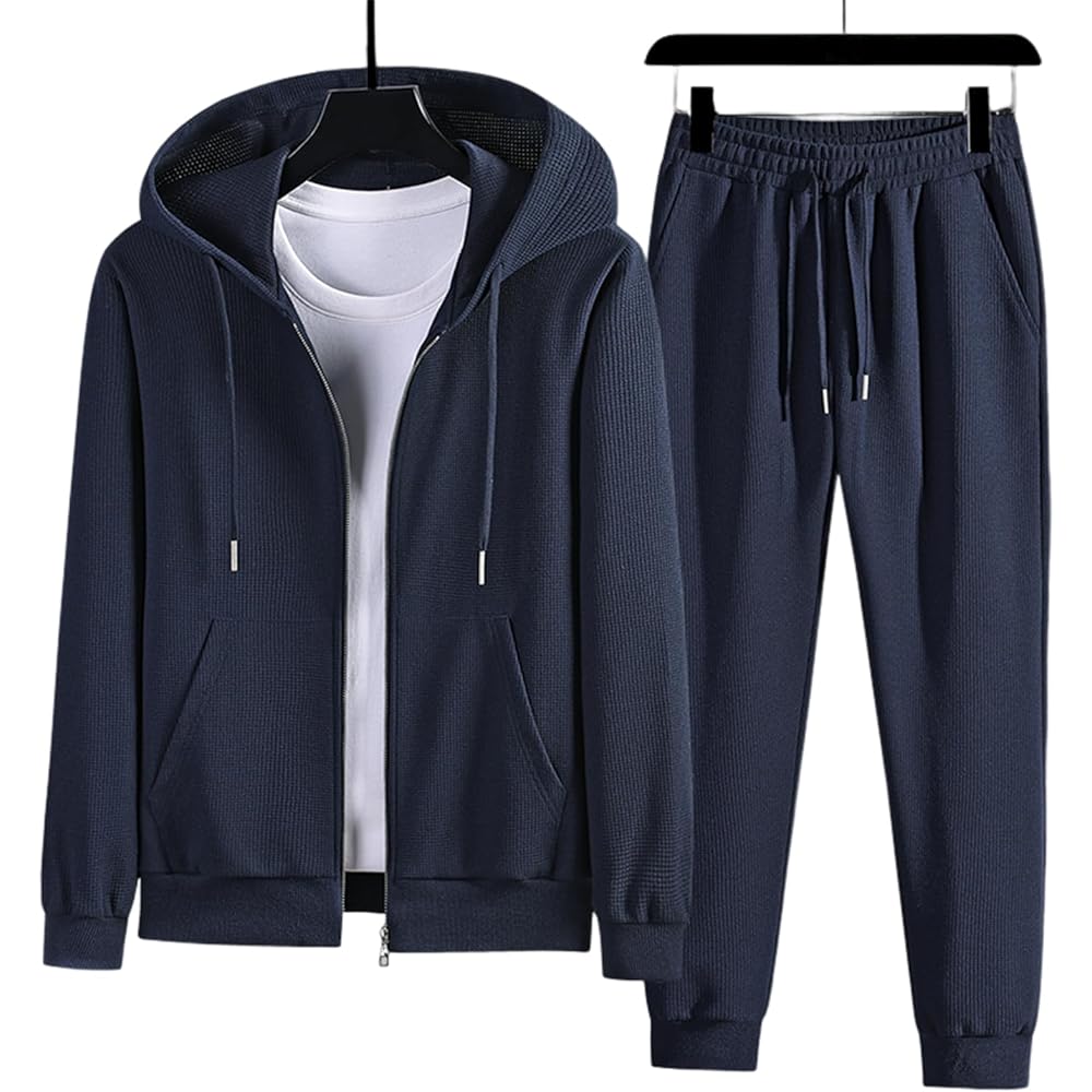 [aterudo] Men's Jersey Top and Bottom Set, Sweat Setup, Plain Parka, Sweat Absorbent, Autumn/Winter Clothes, Cotton, Running Wear, Room Wear, Hooded Sportswear