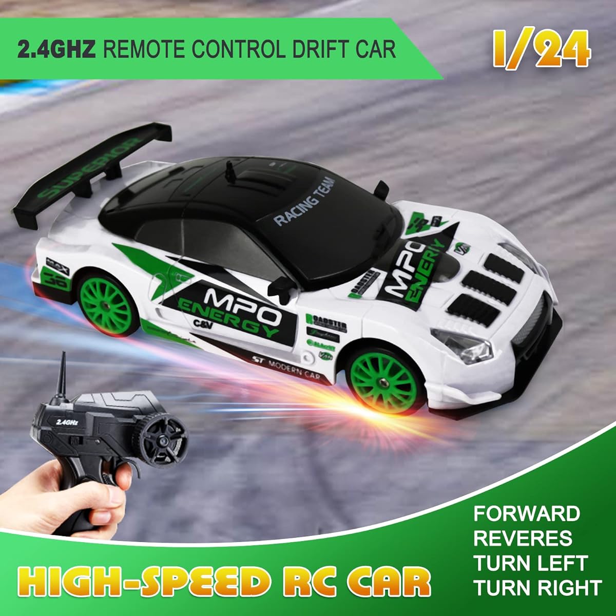 Remote Control Car RC Drift Car 2.4GHz 1:24 Scale 4WD 15KM/H High Speed Model Vehicle LED Light Drift Tire Racing Sports Toy Car Adult Boys Girls Kids Gift 2pcs Rechargeable Batteries