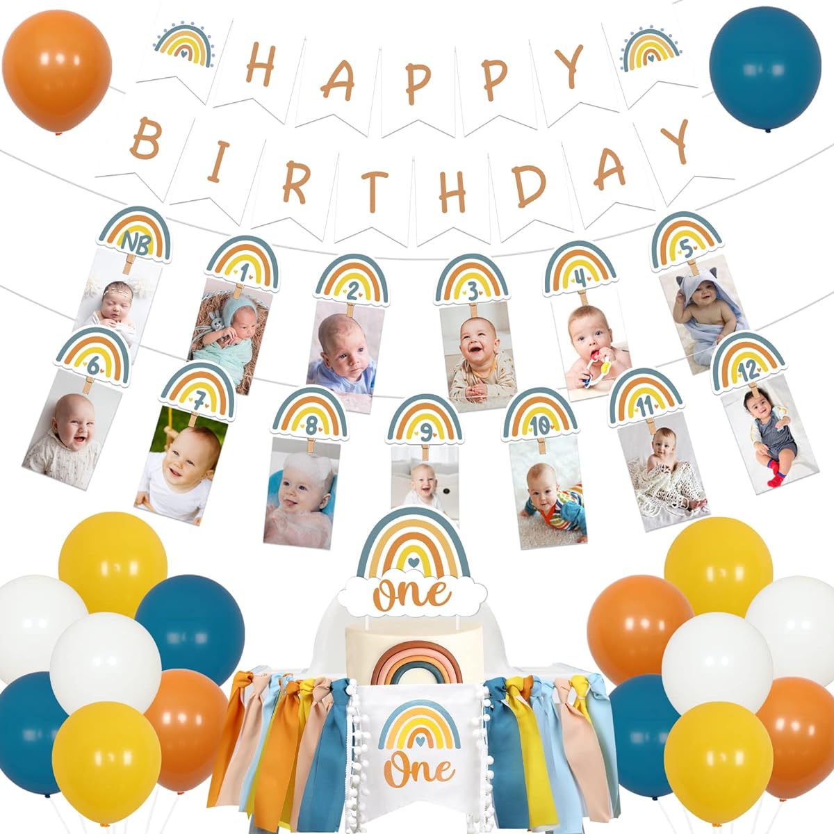 Boho Rainbow 1st Birthday Decorations for Boys Blue Bohemian Rainbow Birthday Cake Topper Highchair Banner Happy Birthday Banner Monthly Photo Banner Balloons Retro Boho Rainbow Party Supplies