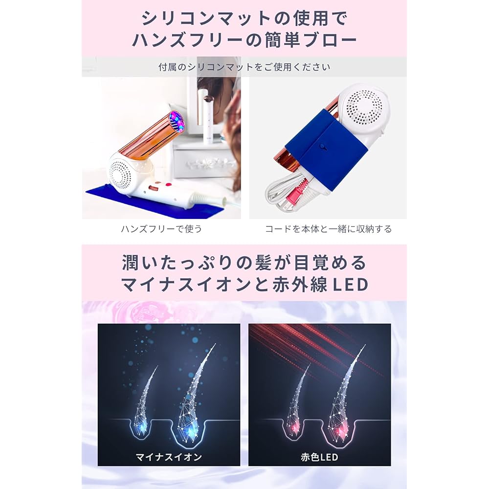 Areti Dryer Hair Dryer Negative Ion Large Air Volume Quick Drying Folding LED Light Care Moist d1621PK Kozou