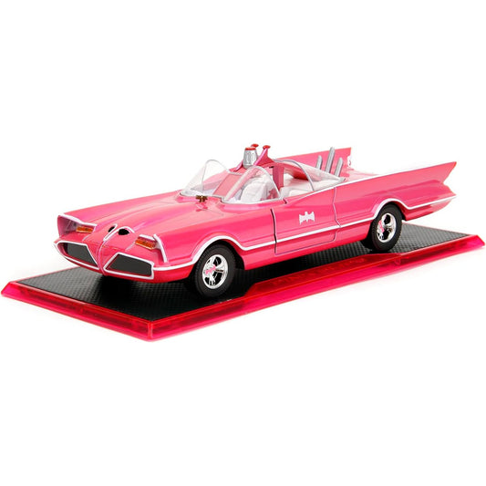 Pink Slips W7 1:24 Classic TV Series Batmobile Diecast Car with Base Kids and Adults Toy (Pink)