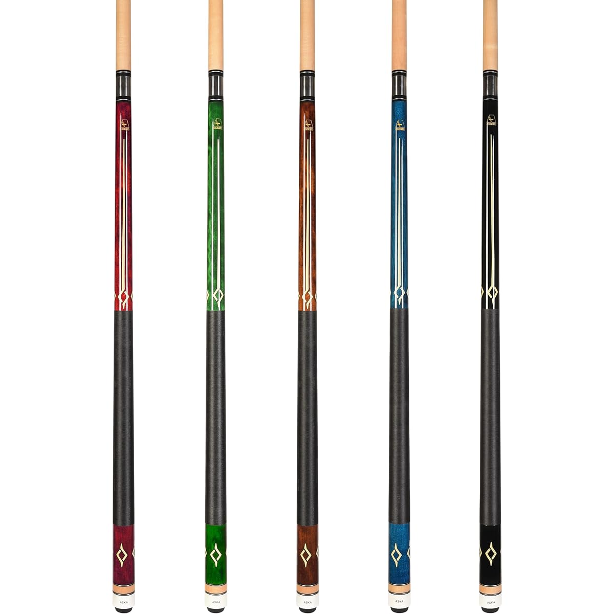 Set of 5 Aska L7 Billiard Pool Cues, 58" Hard Rock Canadian Maple, 13mm Hard Le Pro Tip, Black, Blue, Brown, Green, Red. Mixed Weights. Improve Your Game Room