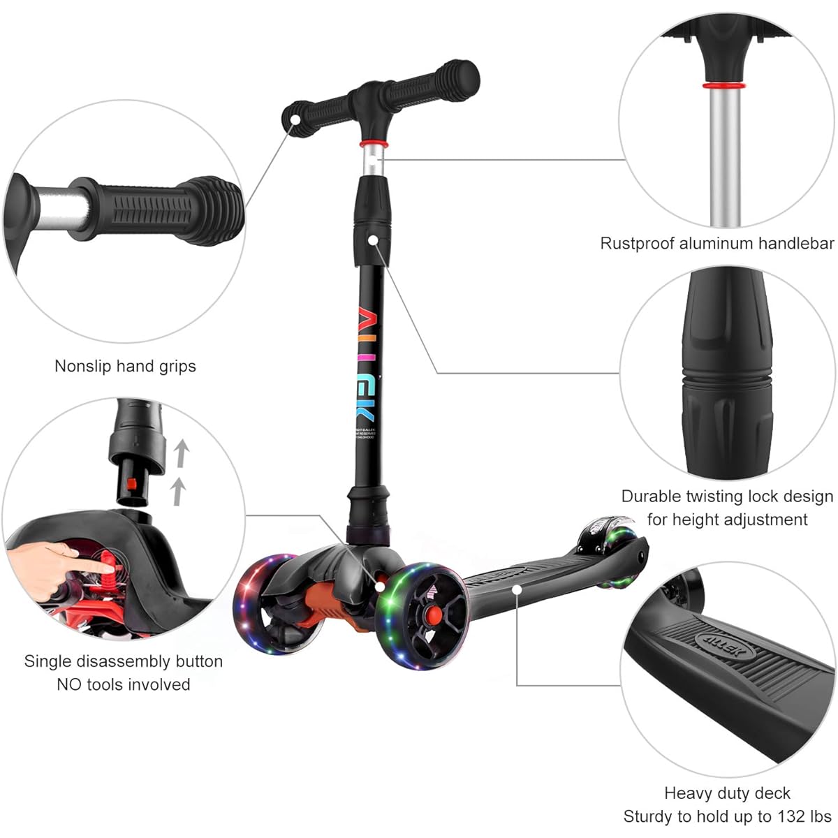 Allek Kick Scooter B02 Lean 'N Glide Scooter with Extra Wide PU Light Up Wheels, 4 Height Adjustable Levels, for Kids Ages 3-12