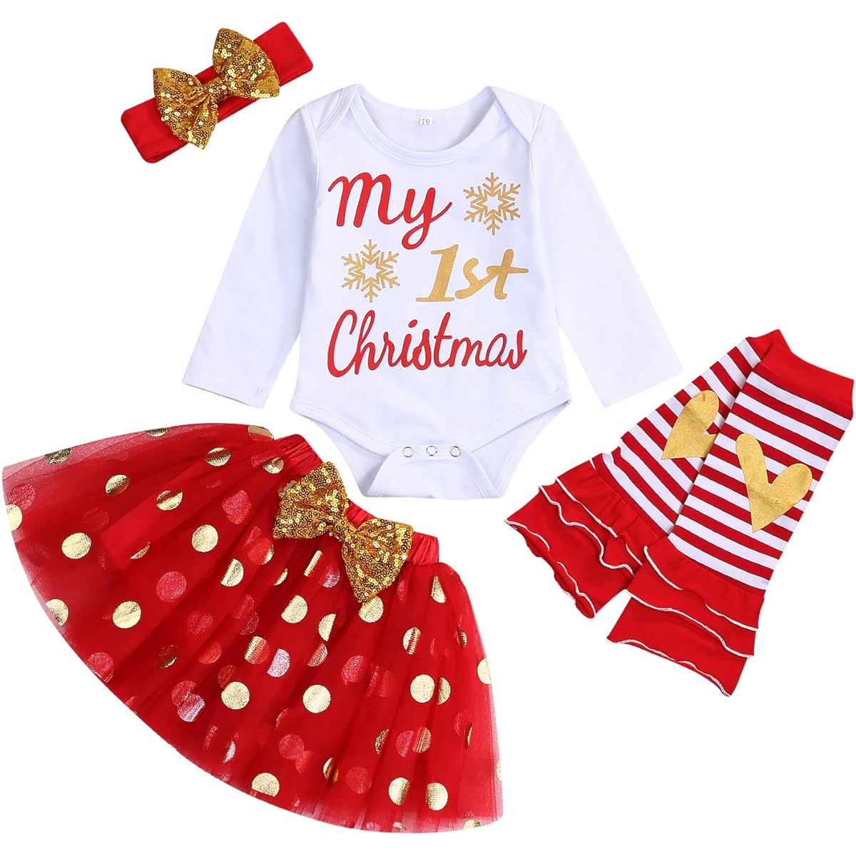 My First Christmas Clothes Baby Girls My 1st Christmas Romper Top + Polka Dot Tutu Skirt + Leg Warmers + Headband 4 Piece Outfit Set