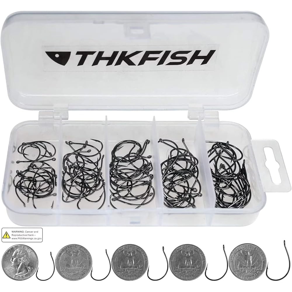 THKFISH 50pcs/100pcs Fishing Hooks Swordfish Salmon Red Snapper Fishing Hook DropShot Hook Offset Circle Hook for Fishing #3#2#1 1/0 2/0