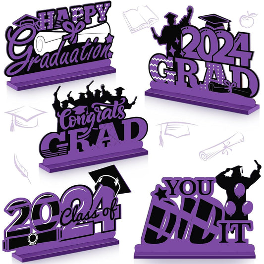 5 Pieces Wooden 2022 Graduation Party Decorations Congratulations Graduation Table Topper Graduation Centerpiece Table Decoration Wood Graduation Table Centerpiece Graduation Table Decoration (Purple Black)