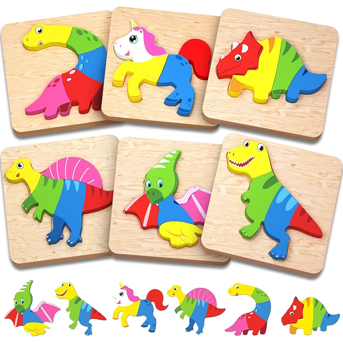 Wooden Puzzle for Toddlers 1-3, Dinosaur and Unicorn Toys for 1 Year Old Boys and Girls, 3 Year Old Girls, Kids Learning Toys for 2-3 Years
