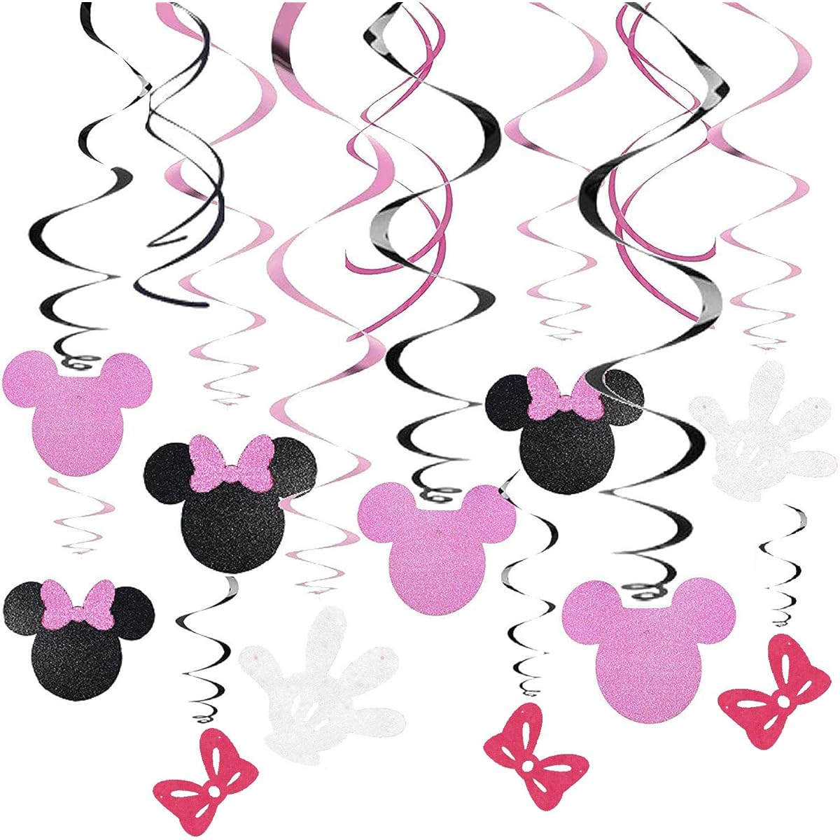 Kristin Paradise 30Ct Minnie Hanging Swirl Decorations - Ceiling Streamers for Mouse Birthday Party - Minnie Mouse Themed Party Supplies - Party Favors for Kids - Glitter Pink Black Decor