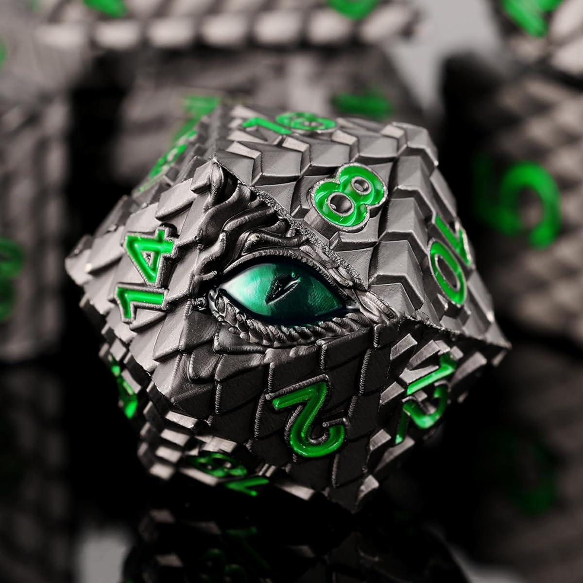 Metal Dice Set D&D Dragon Scale Metallic DND Dice Set Dragon Eye Metal Dice for Dungeons and Dragons Tabletop Games with Huge Gift Case (Black Dragon Scales & Green Eyes)