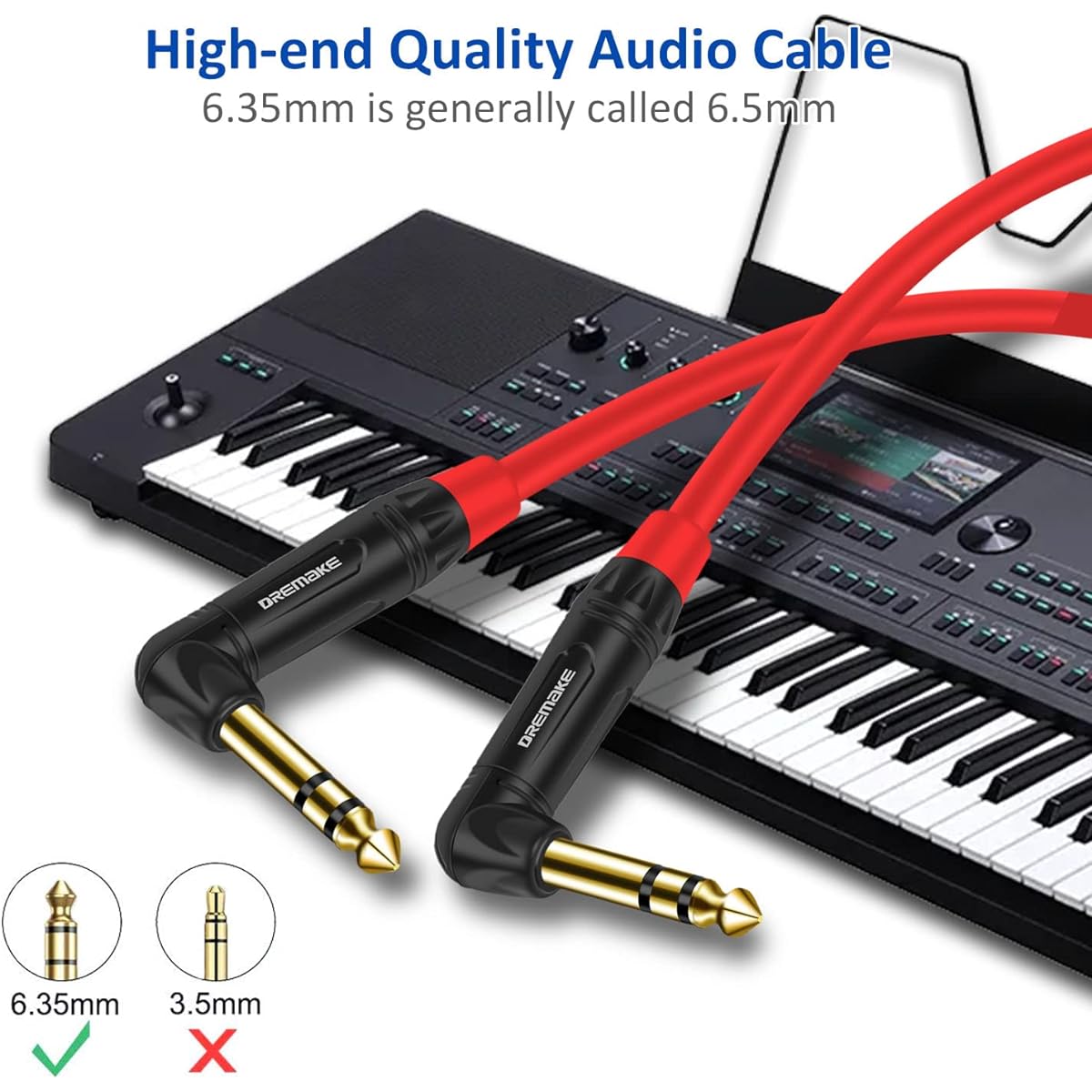 DREMAKE Right Angle TRS 6.35mm Stereo Audio Cable 6ft 2 Pack 6.35mm Balanced Guitar Amplifier Cord TRS 1/4" Male to Male Interconnect Cord for Mixer Speaker Equalizer Quarter Inch L-Shape Plug