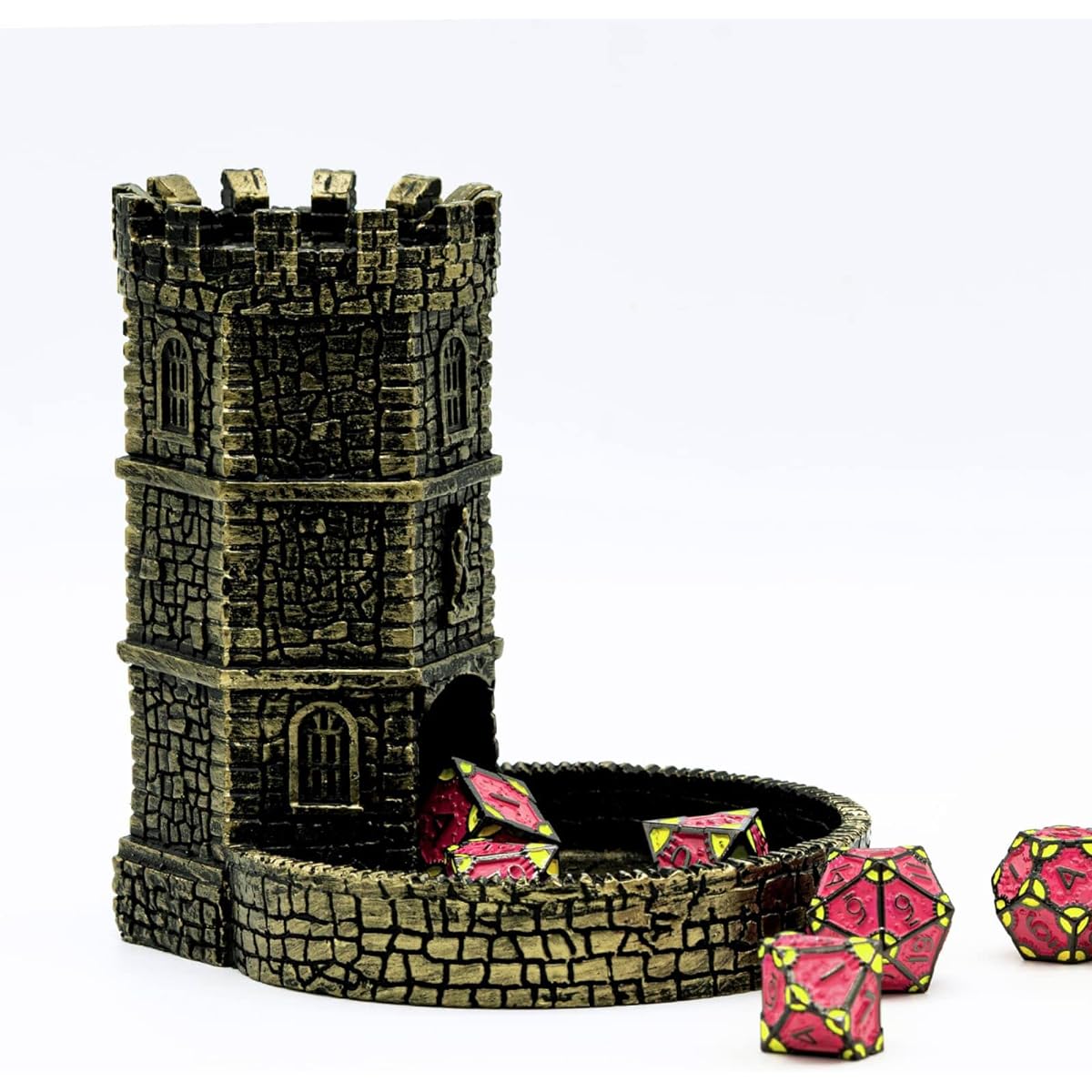 KSNDie D&D Dice Tower with Tray Castle Wall Carving DND Dice Rolling Tray for Dungeons and Dragons | Easy Roller (Ancient Golden) Perfect for Board Games, D&D, RPG, MTG
