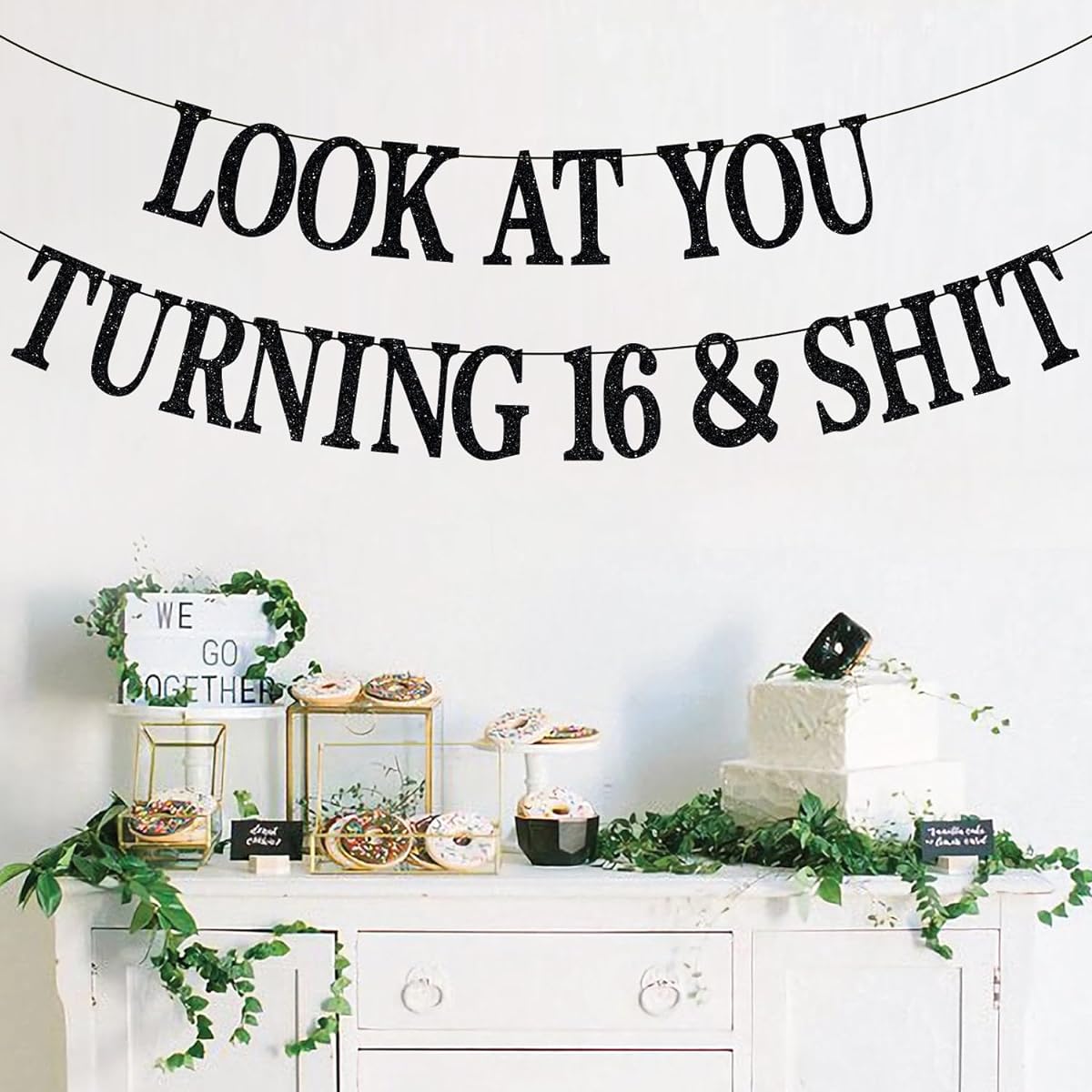 Happy 16th Birthday Banner Look at You Turning 16 and Sh*t Happy Sweet 16 16 & Fabulous Black Glitter 16th Birthday Party Decorations Backdrop Gift