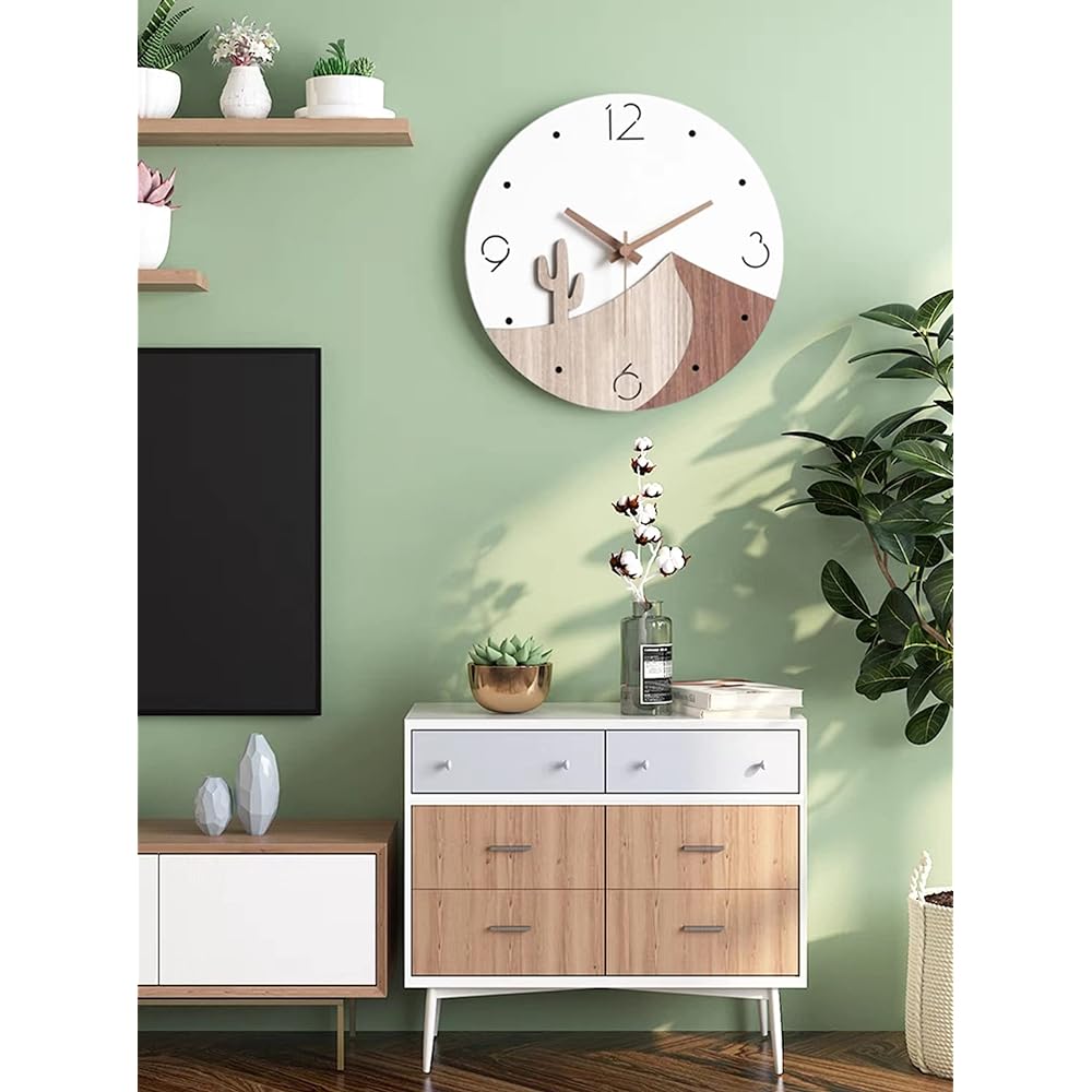Danmukeji Wall Clock, Stylish, Cute, Popular, Scandinavian, Quiet, Wooden Clock, Round, Unframed, 3D 3D, Desert Cactus Pattern Dial, Continuous Second Hand, Wall Hanging, Modern, Home Office, Living Room, Study Room Decoration, New House/Moving Gift, 12