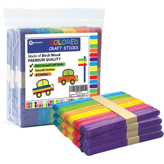 Apremont 200pcs Wooden Craft Sticks Assorted Colors Rainbow Popsicle Sticks for Arts & Crafts DIY Game Making, Building Design, Great for Kids Education, 4.5" Length