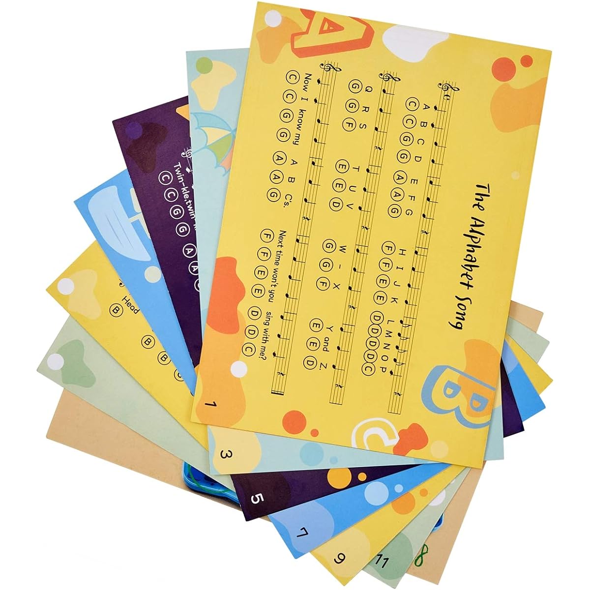 Set of 7 cards with 12 sheet music sheets with alphabet chords Xylophone music for kids Simple songs