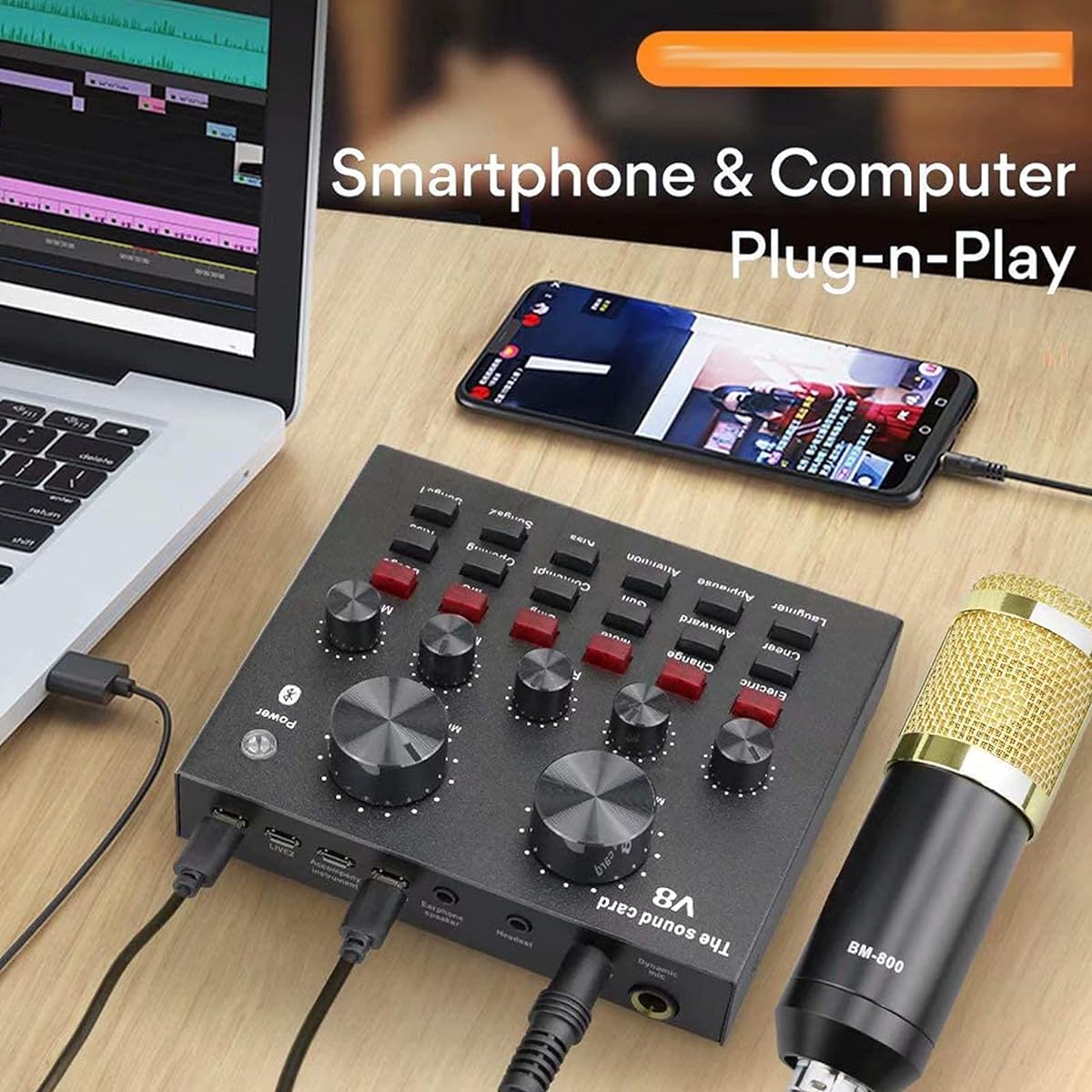 Live Sound Card, Multi-Function Live Sound Card Microphone Set, Metal Microphone Set Adjustable Bracket 12 Background Sound Effects