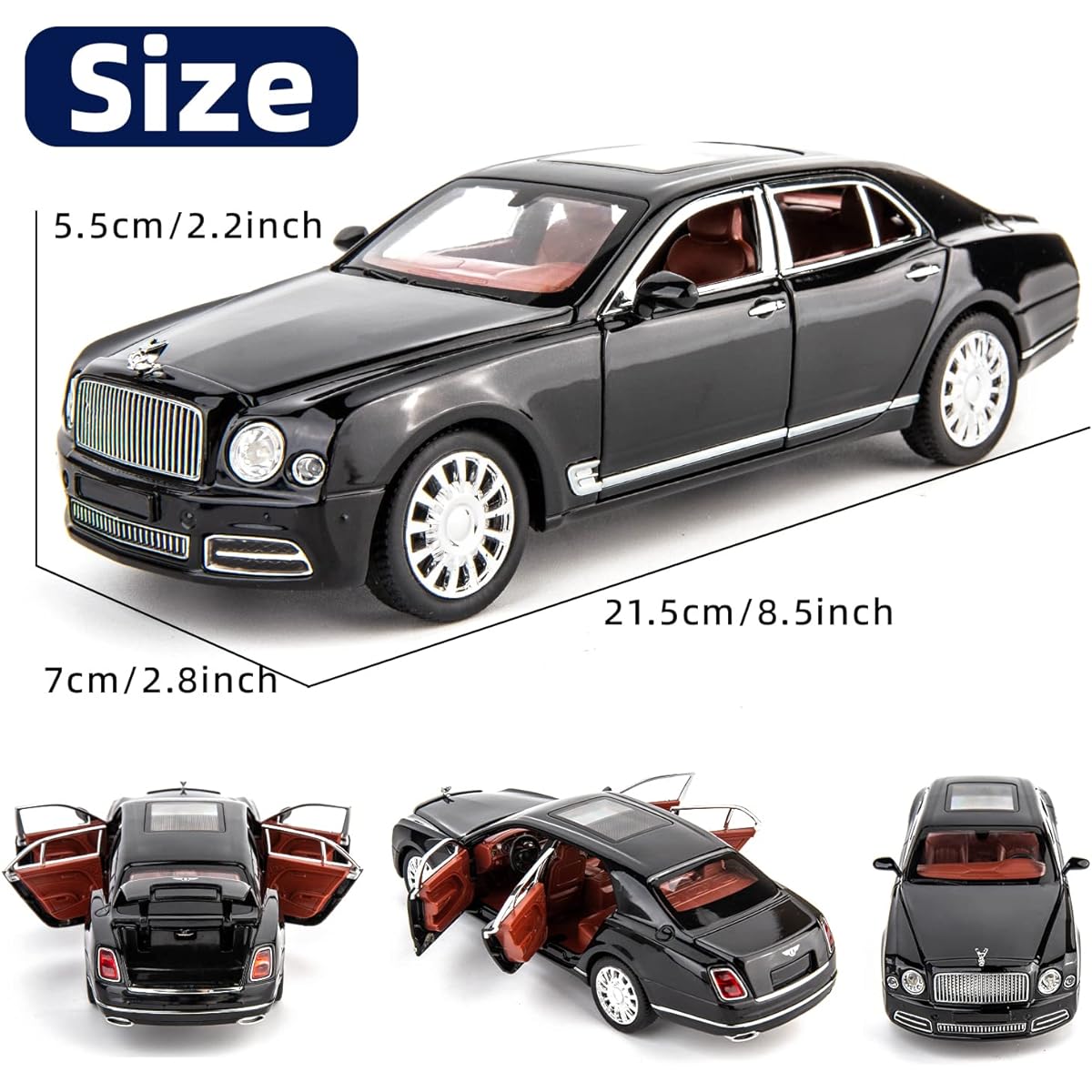 BDTCTK 1:24 Scale Bentley Mulsanne Diecast Car Model Pull Back Car Toy with 6 Openable Doors Lights and Sounds Toys for Boys Kids Adults Gifts (Black)
