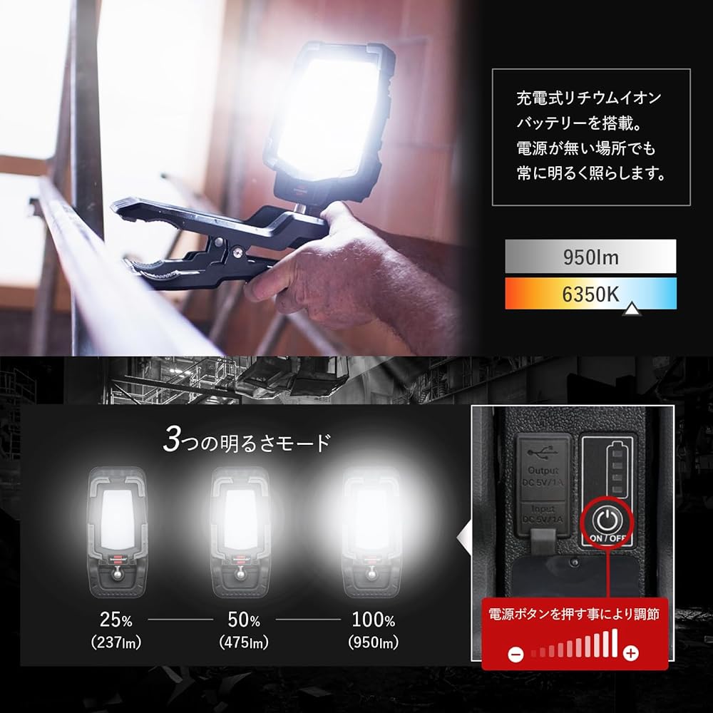 Brennenstuhl Work Light Clamp Type LED Work Light USB Rechargeable Floodlight Mobile Battery Function (20W Japanese Instruction Manual Included)