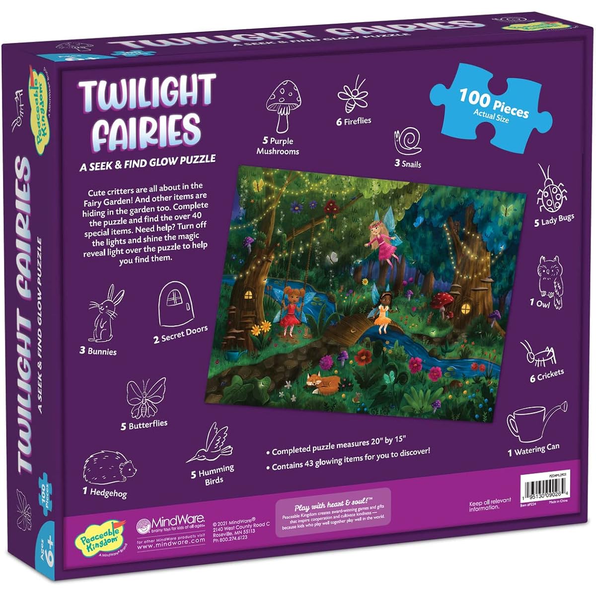 Peaceable Kingdom Twilight Fairy Puzzle – 100 Pieces – Seek & Find Glow Puzzle for Kids Ages 6 and Up – Reveal Hidden Items with Black Light – Perfect for Home or Classroom