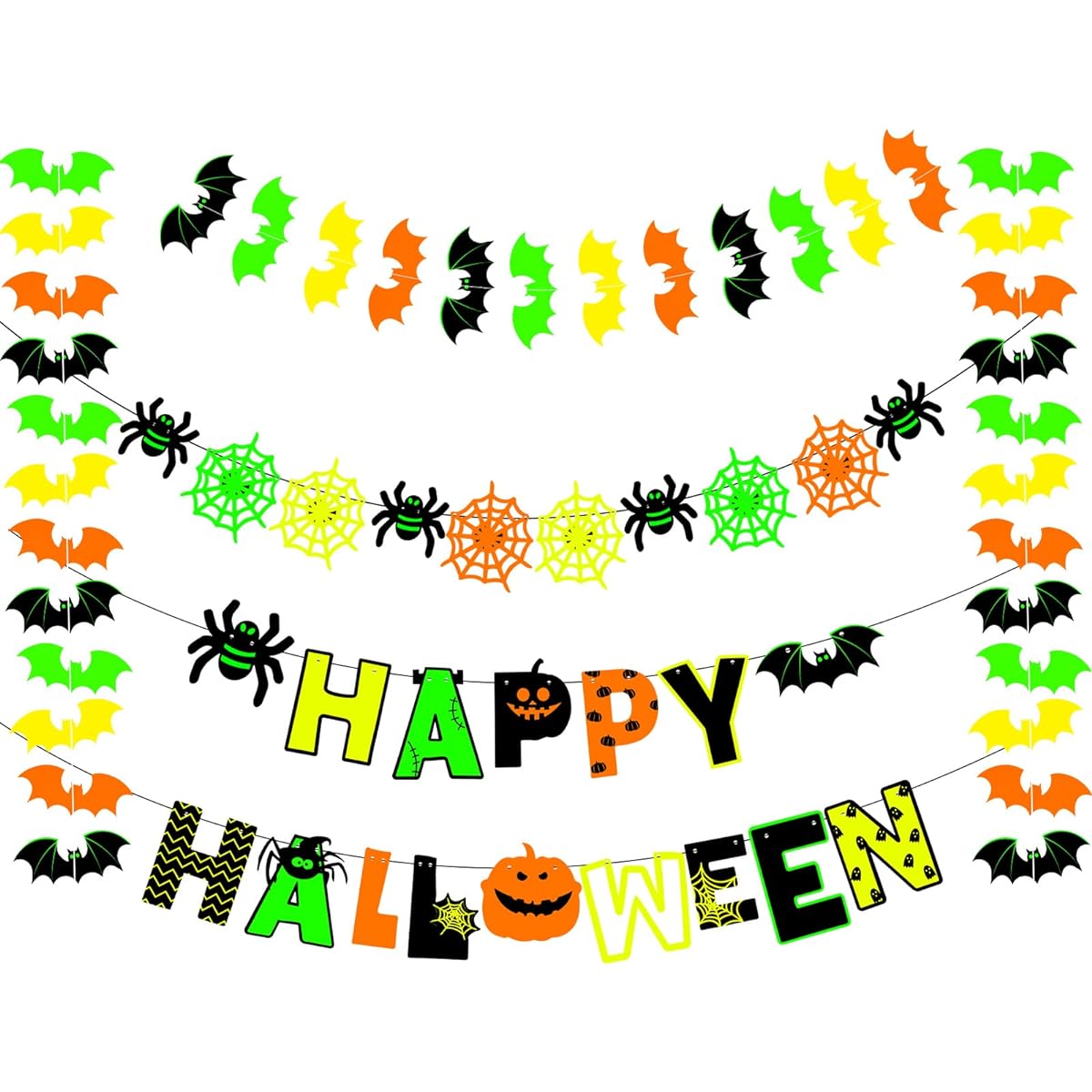 Halloween Party Decoration Garland Fluorescent Happy Halloween Banner Green Orange Cobweb Garland Streamers Glow in the Dark Halloween Bunting Banner Home Wall Decoration Supplies