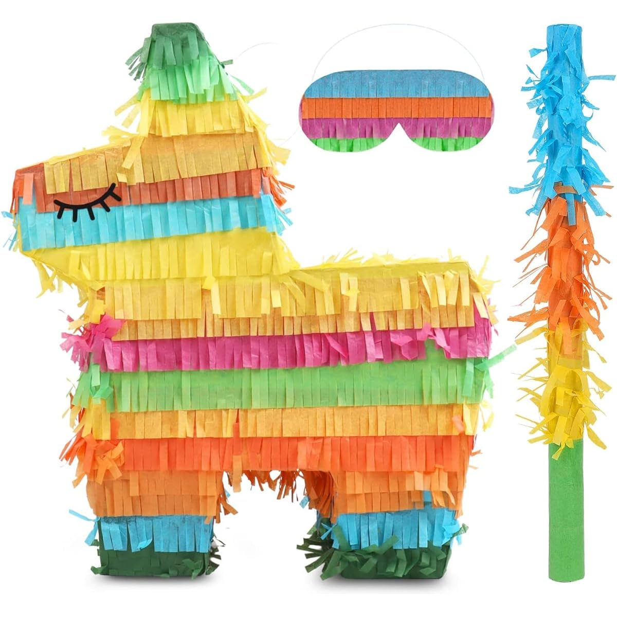 Birchio Little Donkey Pinata with Blindfold and Bats (14 x 13.5 x 5.5 Inches) Mexican Pinata, Perfect for Kids Birthday Party, Cinco de Mayo Party Decorations
