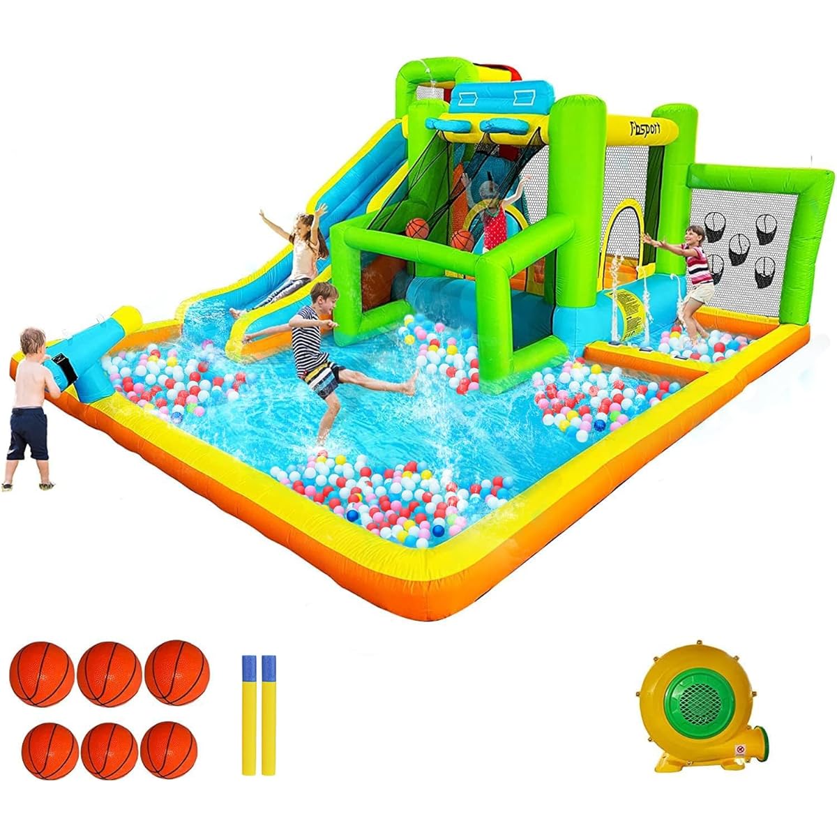 FBSPORT Inflatable Water Slide Bouncy Castle for Kids 10 in 1 Water Park Bounce House Slide Jumping Area Climbing Wall Water Cannon Splash Pool 550W Air Blower for Indoor/Outdoor Use