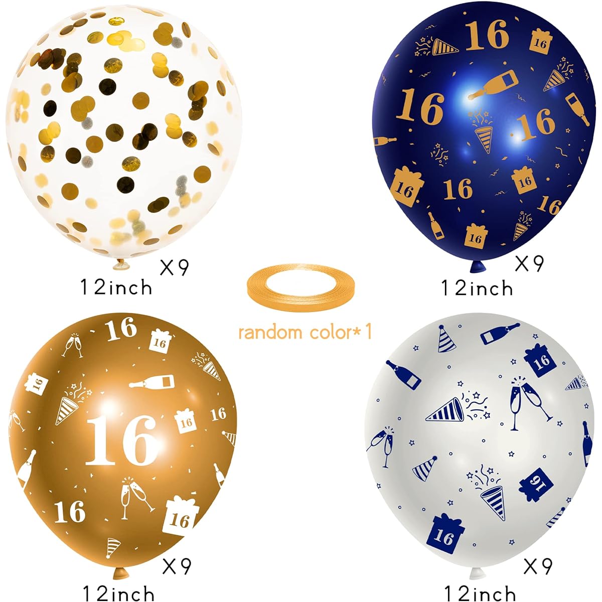 WT-16th blue gold balloon sleeves 36 pieces