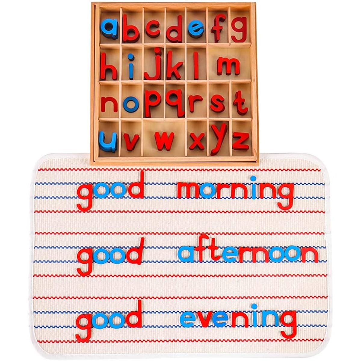 Kghios Montessori Wooden Small Movable Alphabet Box and Large Mat Kindergarten Spelling Learning Language Teaching Toy (Red & Blue)