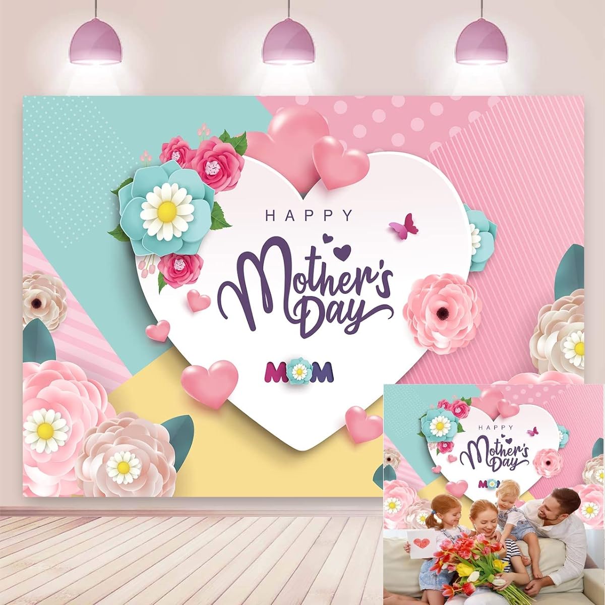 Happy Mother's Day Backdrop Pink Love Heart Rose Gold Flower Background New Woman Mother's Day Home Festival Party Decoration Supplies 7x5ft
