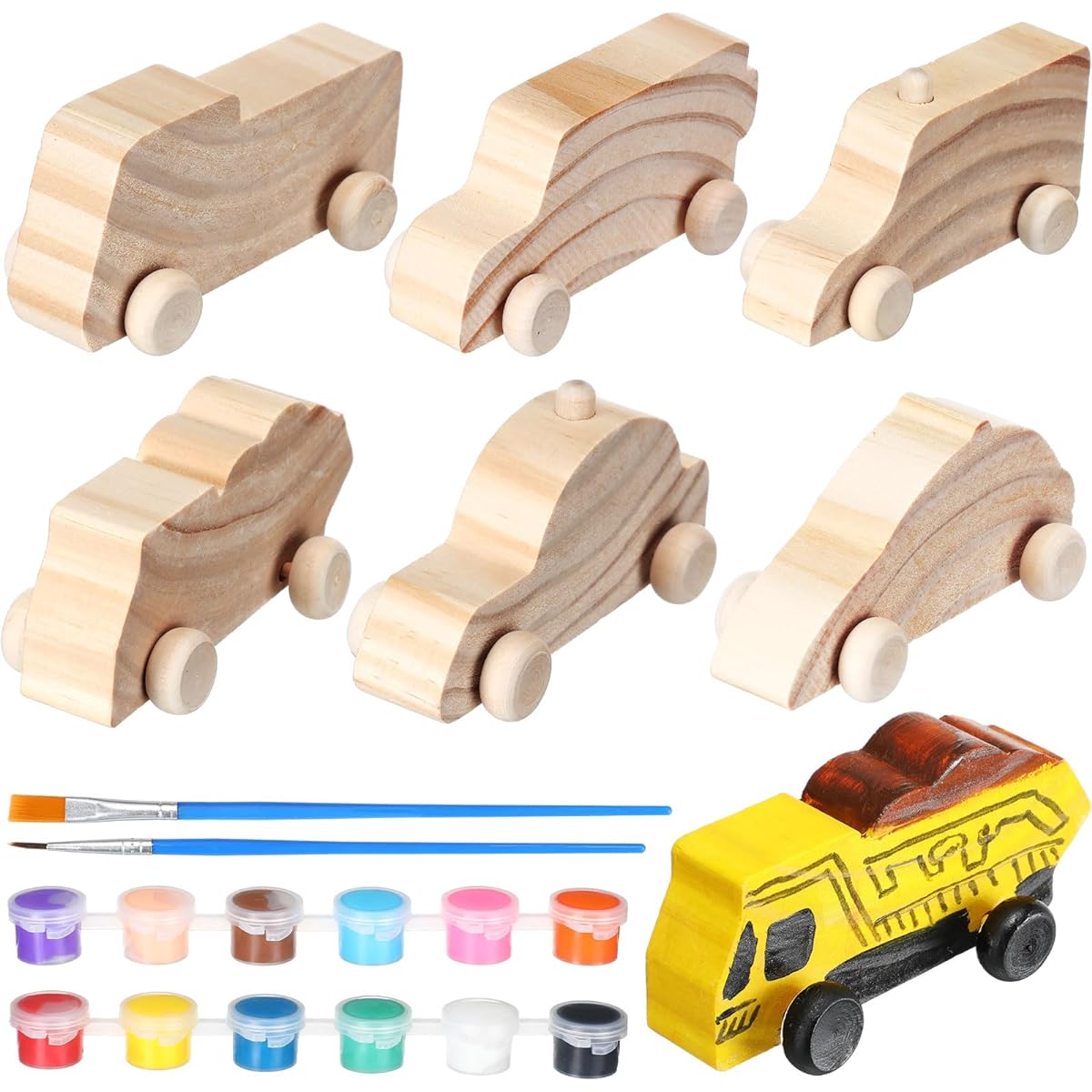 Lenwen 6pcs Large Unfinished Wooden Cars to Paint, 4" Wooden DIY Car Toy, 12 Colors Acrylic Paint Set for Students, Easy Woodworking Set, Family Activity, Arts & Crafts Kit