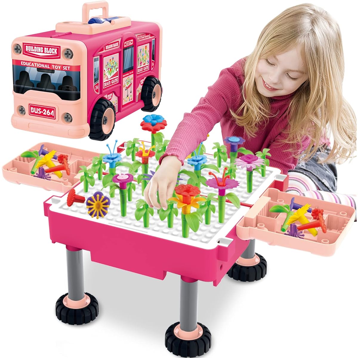 deAO Bus Toy Flower Garden Building Toy for Girls Age 3 4 5 6,105 Pieces Storage Bus Car Toy STEM Toy Gardening Pretend Play Gift