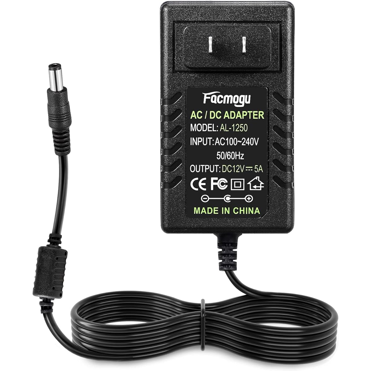 Facmogu 12V 5A Power Adapter Wall Adapter with 150cm/4.92ft Long Cable Wall Plug Transformer AC 100-240V to DC 12V Converter 5.5mm x 2.5mm & 2.1mm Output Jack for Laptop CCTV