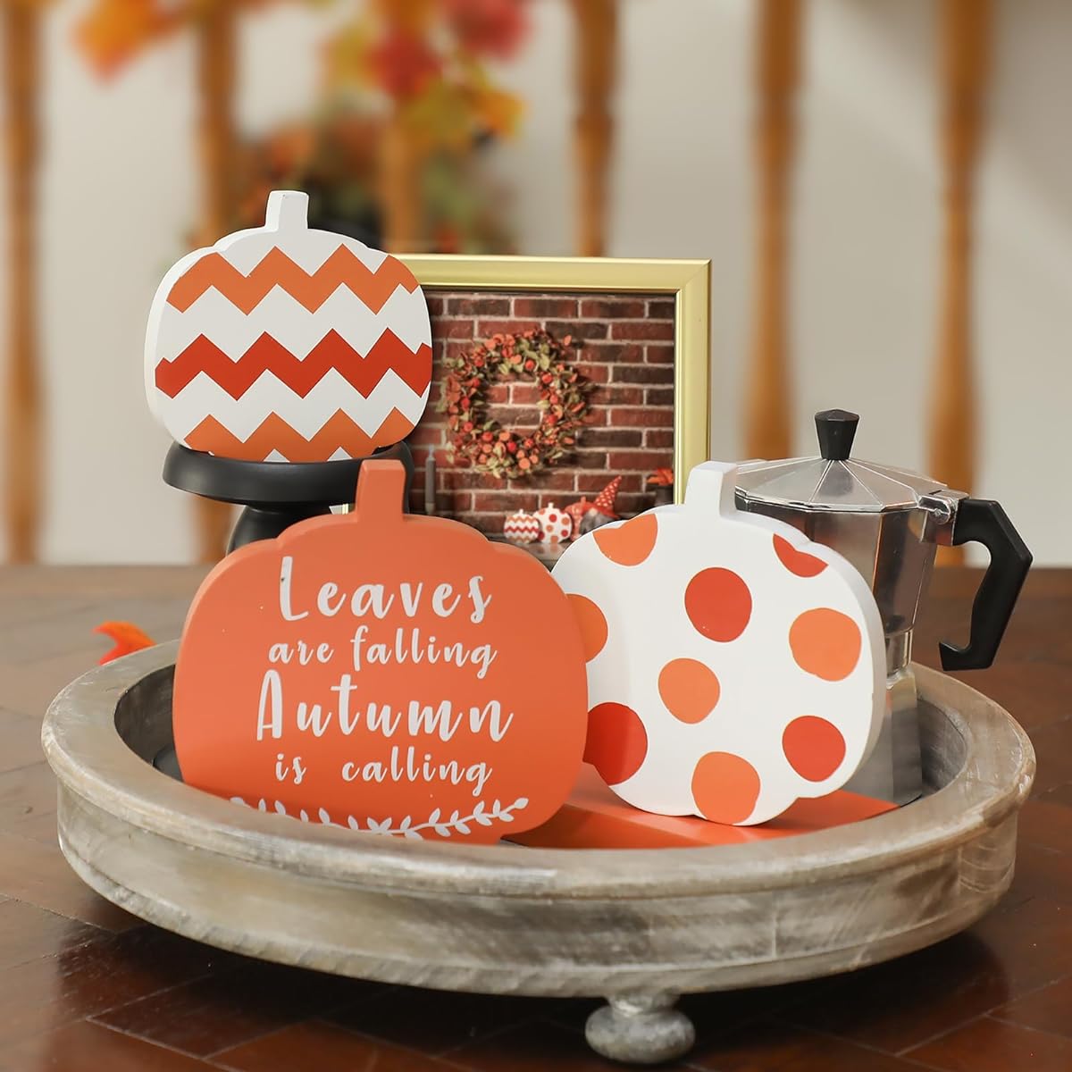 Thanksgiving Pumpkin Wood Sign for Table, Reversible Fall Halloween Table Decor, 3 Piece Farmhouse Pumpkin Block Decor, Harvest Fall Fireplace Shelf Mantle