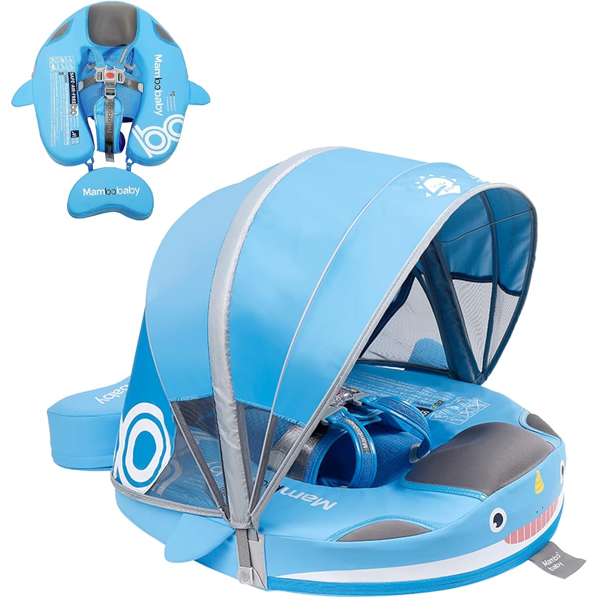 Mambobaby Floats with Canopy & Tail, Non-Inflatable Baby Floats for Pool, Extra Tail, Anti-Flip Swim Trainer, Baby Floats for Toddlers, Boys, Girls
