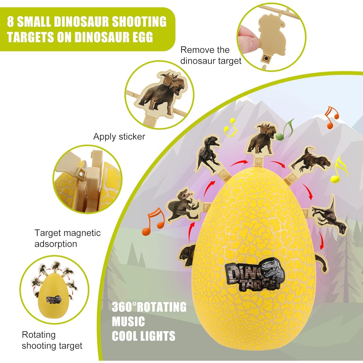 Shooting Game Toys for Kids, Electric Dinosaur Egg Shooting Toy with Lights & Sounds, 8 Dinosaur Targets, 2 Toy Guns, 16 Foam Darts, Ages 5 6 7 8 9 10+, Great Gift for Boys/Girls