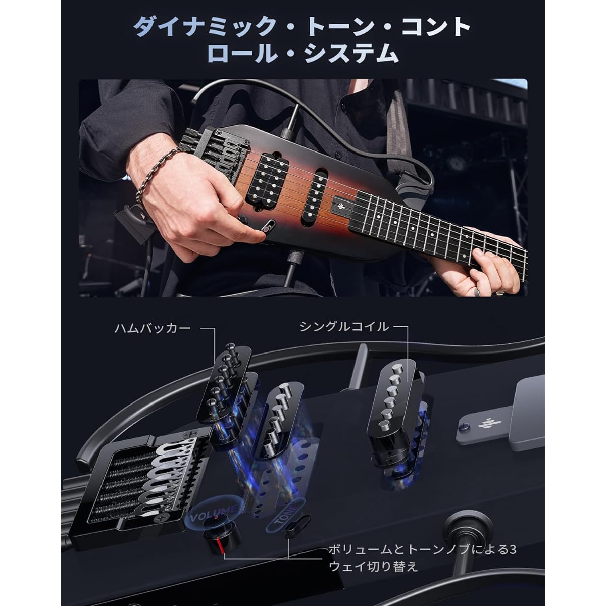 Donner HUSH-X Electric Guitar Headless Travel Guitar Portable Electric Guitar Mini Electric Guitar Mahogany Body Perfect for Traveling and Practice Sunburst