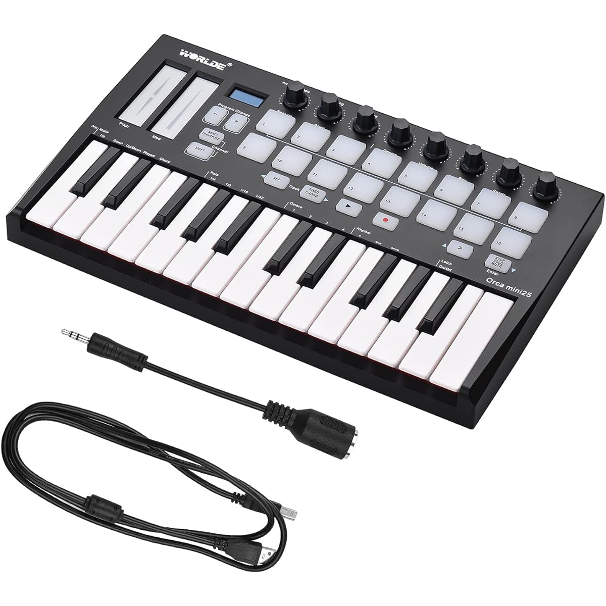 summina Portable 25 Key USB MIDI Keyboard Controller with 16 RGB Backlit Trigger Pads and 8 Assignable Control Knobs
