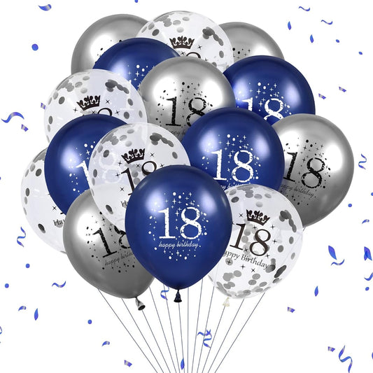15pcs 18th Birthday Balloons Navy Blue Silver Latex Inflatable Clear Confetti Balloons for Boys Girls 18th Anniversary Happy Birthday Party Decorations Navy Blue Balloons Decor Supplies 12 Inch