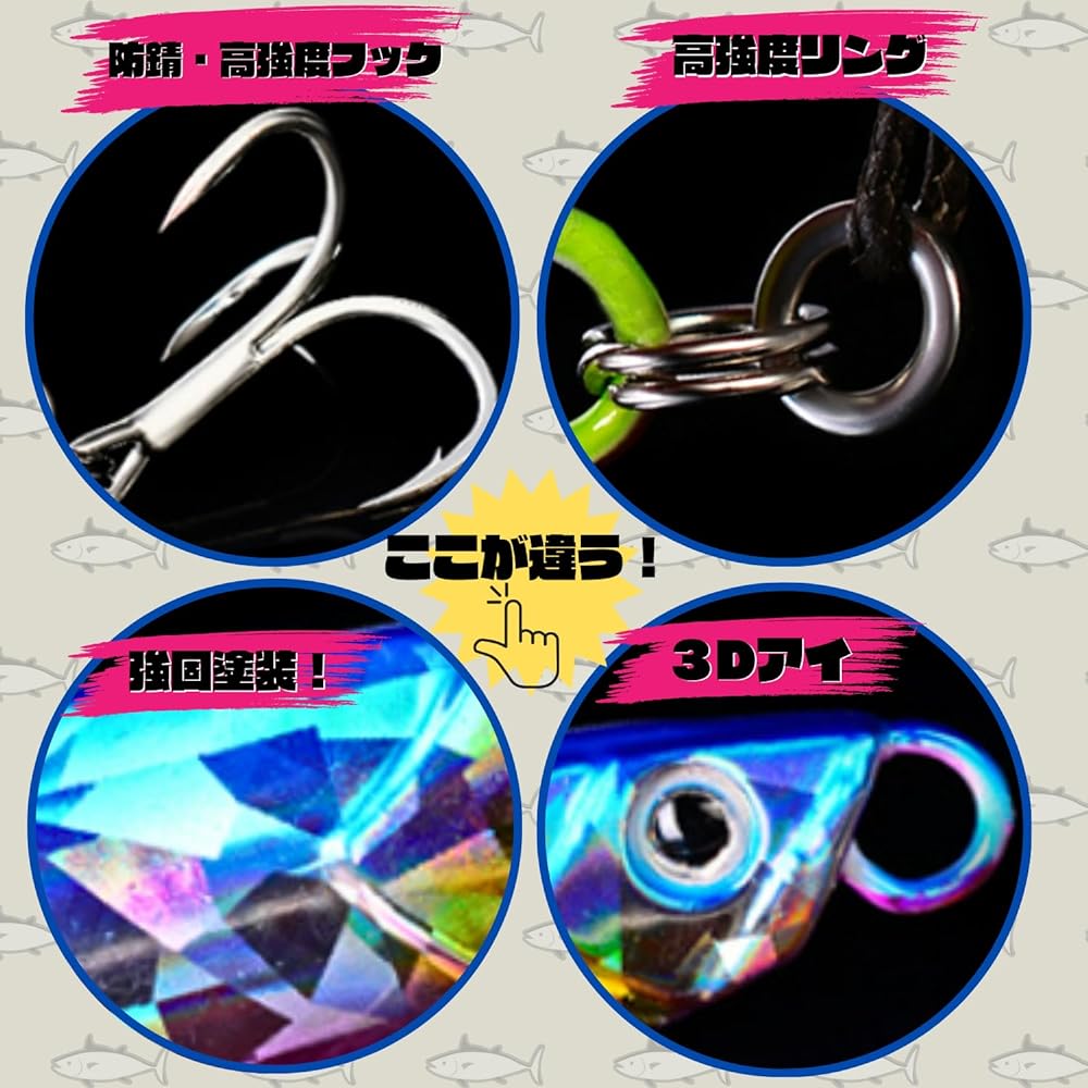 [TACKLAND] Metal jig, high cost performance, set of 5, great fishing, proven color, 24g, 30g, 40g, 60g, equipped with strong hook, luminous body lure, shore jigging, LSJ drag, short cast, with assist hook