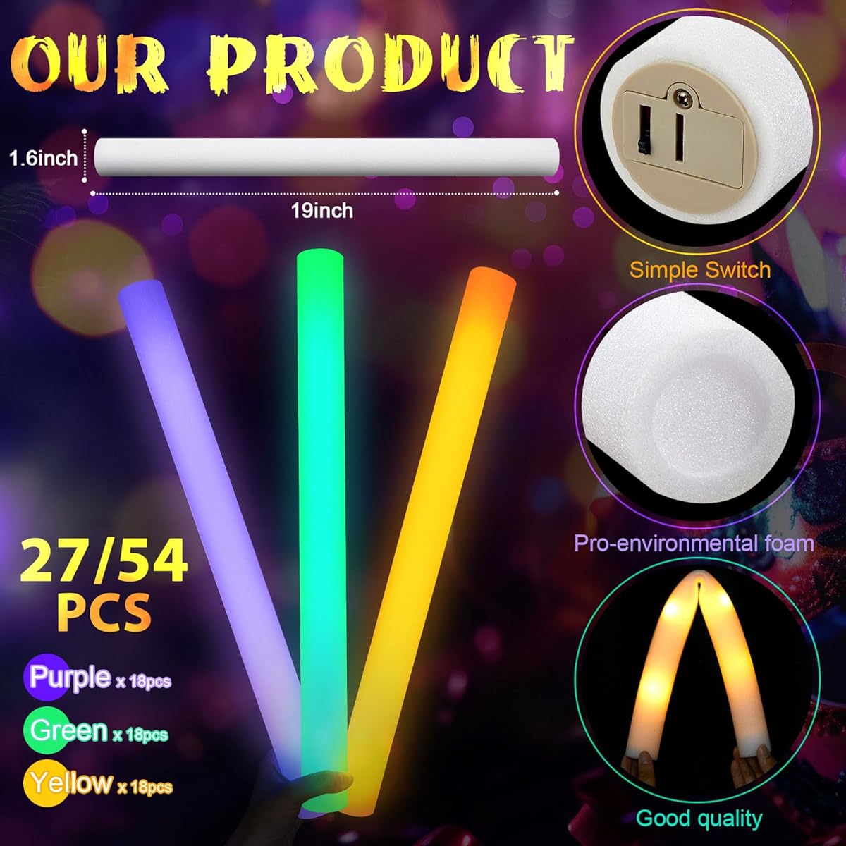 Retisee Halloween LED Foam Sticks 54pcs Bulk 16inch Green Yellow Purple Light Up Party Favors Glow in the Dark Party Supplies Halloween Party Decorations