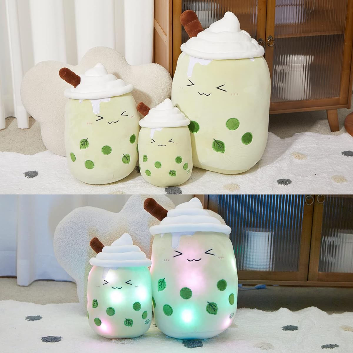 Athoinsu Light Up Matcha Boba Tea Plush Pillow, 10 Inch Cute Stuffed Animal Bubble Animal Toy with LED Lights, Birthday Christmas Holiday Valentine Gift for Kids Girls Boys