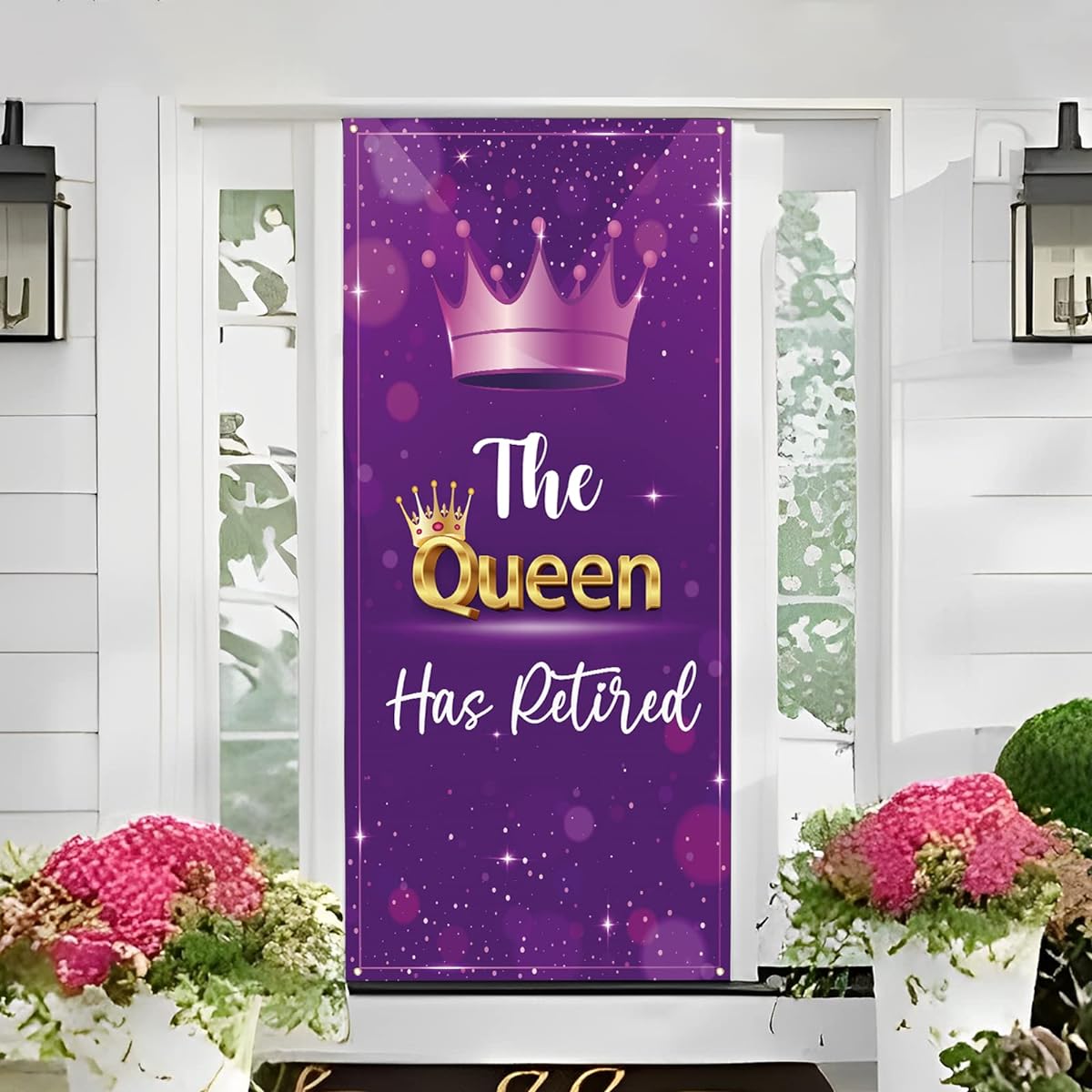 Kimini-Ki The Queen Has Retired Door Banner Gold Purple Retirement Party Decorations for Women Retirement Door Cover Retirement Party Yard Sign Lawn Decor