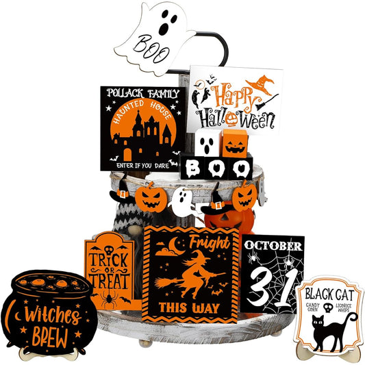 Tradder 19 Pieces Fall Tiered Tray Decoration Tiered Tray Decor Set Rustic Table Halloween Decor Tray Wooden Ghost Fall Pumpkin Tiered Tray for Farmhouse Home Kitchen Fall Halloween