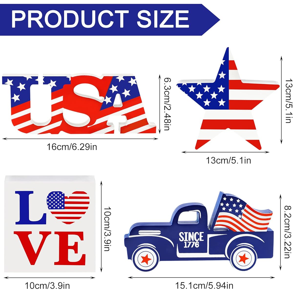 4th of July Decorations Patriotic Decorations 4pcs Wooden Patriotic Star USA LOVE Car Sign 4th of July Decorations Home Independence Day Tiered Tray Decor