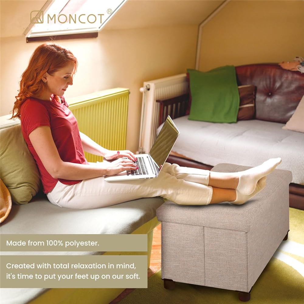 MONCOT Storage Stool Footstool Ottoman with Legs Foldable Storage Chair Box Stool Footrest Step Stool Sturdy Load Capacity 140kg Width 76 x Depth 38 x Height 38cm BB202-BE (M-BEIGE)