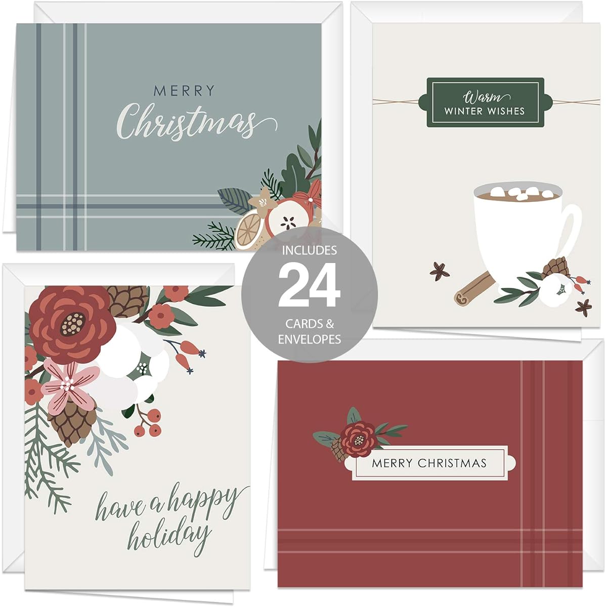 Winter Floral Christmas Card Assortment / 24 Seasonal Cards with White Envelopes / 6 1/4" x 4 5/8" Muted Winter Tones Holiday Greetings Pack