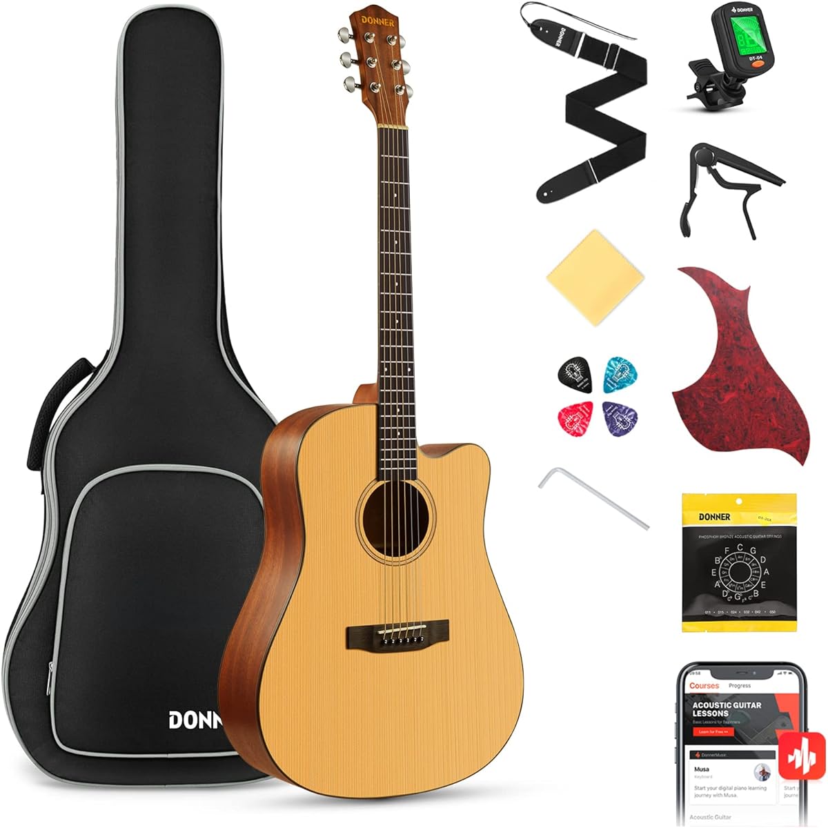 Donner Acoustic Guitar Beginner Set, 41 Inch, High Quality Spruce Top, Acoustic Guitar, Cutaway, Right-Handed, For Beginners, Soft Case & Tuner Included, DAG-1C / DAD-110C, Natural